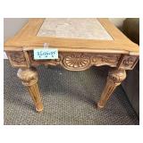 Wood and Marble Accent Table with Carved Details, 25x26x27 Inches Wood and Marble Accent Table with Carved Details, 25x26x27 Inches