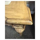 Wood and Marble Accent Table with Carved Details, 25x26x27 Inches Wood and Marble Accent Table with Carved Details, 25x26x27 Inches
