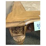 Wood and Marble Accent Table with Carved Details, 25x26x27 Inches Wood and Marble Accent Table with Carved Details, 25x26x27 Inches