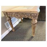 Wood and Marble Accent Table with Carved Details, 25x26x27 Inches Wood and Marble Accent Table with Carved Details, 25x26x27 Inches