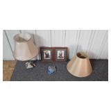 Lamp with Shade, 2 Framed Santa Prints, and Ornament Hangers Set Lamp with Shade, 2 Framed Santa Prints, and Ornament Hangers Set
