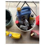 Garage Oil Change and Fluid Supplies Lot with Funnel, Gas Cans, Buckets, and More - content quantities unknown Garage Oil Change and Fluid Supplies Lot with Funnel, Gas Cans, Buckets, and More - content quantities unknown