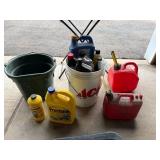 Garage Oil Change and Fluid Supplies Lot with Funnel, Gas Cans, Buckets, and More - content quantities unknown Garage Oil Change and Fluid Supplies Lot with Funnel, Gas Cans, Buckets, and More - content quantities unknown