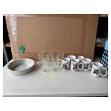 Norman Rockwell Mugs, Vtg Anchor Hocking Line Lites Barware, & A Cake Pan Norman Rockwell Mugs, Vtg Anchor Hocking Line Lites Barware, & A Cake Pan