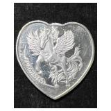 1 TROY OZ .999 FINE SILVER HEART SHAPED BAR 1 TROY OZ .999 FINE SILVER HEART SHAPED BAR