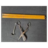 Antique Lot Including Folding Ruler, Silver Plated Spoon, and Wick Trimmer Scissors Antique Lot Including Folding Ruler, Silver Plated Spoon, and Wick Trimmer Scissors