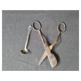 Antique Lot Including Folding Ruler, Silver Plated Spoon, and Wick Trimmer Scissors Antique Lot Including Folding Ruler, Silver Plated Spoon, and Wick Trimmer Scissors