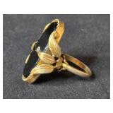 Vintage Gold-Tone Filigree Ring with Black Center and Stone, Size 6 Vintage Gold-Tone Filigree Ring with Black Center and Stone, Size 6