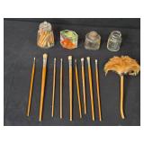 Collection of Vintage Paintbrushes, Glass Jars, Feather Duster, and Geometric Puzzle Collection of Vintage Paintbrushes, Glass Jars, Feather Duster, and Geometric Puzzle