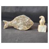 Pair of Vintage Sculptures: Alabaster Parrot Italy and Ceramic Fish Signed Pair of Vintage Sculptures: Alabaster Parrot Italy and Ceramic Fish Signed