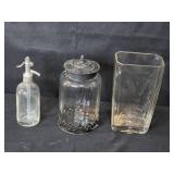 Vintage Glass Bottle, Lidded Jar, and Etched Vase Set Vintage Glass Bottle, Lidded Jar, and Etched Vase Set