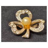 Vintage Coro Shamrock Rhinestone Brooch with Faux Pearl Center Vintage Coro Shamrock Rhinestone Brooch with Faux Pearl Center