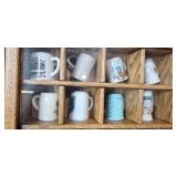 Collection of Miniature Mugs and Steins in Oak Display Case Collection of Miniature Mugs and Steins in Oak Display Case