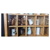 Collection of Miniature Mugs and Steins in Oak Display Case Collection of Miniature Mugs and Steins in Oak Display Case