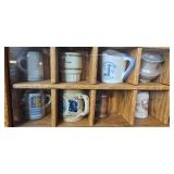 Collection of Miniature Mugs and Steins in Oak Display Case Collection of Miniature Mugs and Steins in Oak Display Case