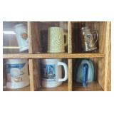 Collection of Miniature Mugs and Steins in Oak Display Case Collection of Miniature Mugs and Steins in Oak Display Case