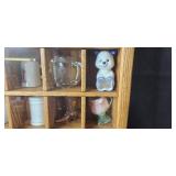 Collection of Miniature Mugs and Steins in Oak Display Case Collection of Miniature Mugs and Steins in Oak Display Case