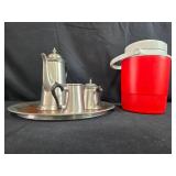 Metal Tea Set with Wood Trimmed Tray and Red Plastic Thermos Metal Tea Set with Wood Trimmed Tray and Red Plastic Thermos