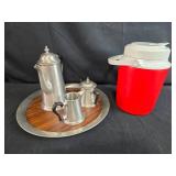 Metal Tea Set with Wood Trimmed Tray and Red Plastic Thermos Metal Tea Set with Wood Trimmed Tray and Red Plastic Thermos