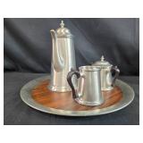 Metal Tea Set with Wood Trimmed Tray and Red Plastic Thermos Metal Tea Set with Wood Trimmed Tray and Red Plastic Thermos