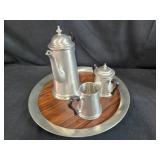 Metal Tea Set with Wood Trimmed Tray and Red Plastic Thermos Metal Tea Set with Wood Trimmed Tray and Red Plastic Thermos