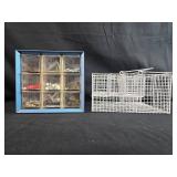 Small Parts Organizer Cabinet with Hardware Assortment and Wire Mesh Trap Cage Small Parts Organizer Cabinet with Hardware Assortment and Wire Mesh Trap Cage