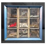 Small Parts Organizer Cabinet with Hardware Assortment and Wire Mesh Trap Cage Small Parts Organizer Cabinet with Hardware Assortment and Wire Mesh Trap Cage