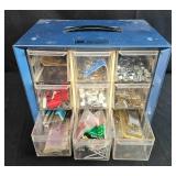 Small Parts Organizer Cabinet with Hardware Assortment and Wire Mesh Trap Cage Small Parts Organizer Cabinet with Hardware Assortment and Wire Mesh Trap Cage