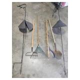 Lot of Garden Tools with Rakes, Hoe, Shovel, and Metal Row Markers Lot of Garden Tools with Rakes, Hoe, Shovel, and Metal Row Markers
