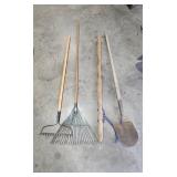 Lot of Garden Tools with Rakes, Hoe, Shovel, and Metal Row Markers Lot of Garden Tools with Rakes, Hoe, Shovel, and Metal Row Markers