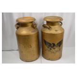 Pair of Vintage Decorated Metal Milk Cans, 25 Inch, Eagle Motif Pair of Vintage Decorated Metal Milk Cans, 25 Inch, Eagle Motif
