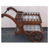 Vintage Wooden Tea Cart with Tile Insets and Bottle Holders Vintage Wooden Tea Cart with Tile Insets and Bottle Holders