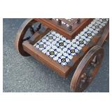Vintage Wooden Tea Cart with Tile Insets and Bottle Holders Vintage Wooden Tea Cart with Tile Insets and Bottle Holders