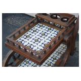Vintage Wooden Tea Cart with Tile Insets and Bottle Holders Vintage Wooden Tea Cart with Tile Insets and Bottle Holders