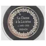 100 Greatest Masterpieces - Large Solid Sterling Silver Coin - La Dame a la Licorne