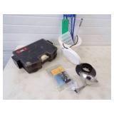 Tackle Box, Ice Cleats, Propane Heater and Tip ups