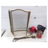 Fireplace Screen and tools, Chainsaw Helmet, Vintage Gas Can and Ash Pail