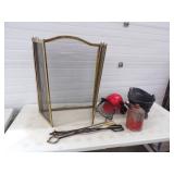Fireplace Screen and tools, Chainsaw Helmet, Vintage Gas Can and Ash Pail