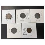5 Indian Head Cents - 1863 - 1881 - 1890 - 1893 - 1896 5 Indian Head Cents - 1863 - 1881 - 1890 - 1893 - 1896