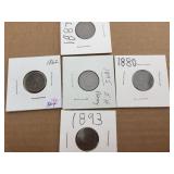 5 U.S. Indian Head Pennies 1862 - 1880 - 1887 - 1893 - 1895 5 U.S. Indian Head Pennies 1862 - 1880 - 1887 - 1893 - 1895