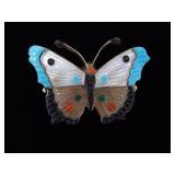 .925 Sterling Silver Artist Signed Inlayed and Carved Turquoise, Coral, Onyx and Mother of Pearl Navajo Butterfly Brooch .925 Sterling Silver Artist Signed Inlayed and Carved Turquoise, Coral, Onyx and Mother of Pearl Navajo Butterfly Brooch