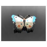 .925 Sterling Silver Artist Signed Inlayed and Carved Turquoise, Coral, Onyx and Mother of Pearl Navajo Butterfly Brooch .925 Sterling Silver Artist Signed Inlayed and Carved Turquoise, Coral, Onyx and Mother of Pearl Navajo Butterfly Brooch