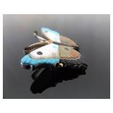 .925 Sterling Silver Artist Signed Inlayed and Carved Turquoise, Coral, Onyx and Mother of Pearl Navajo Butterfly Brooch .925 Sterling Silver Artist Signed Inlayed and Carved Turquoise, Coral, Onyx and Mother of Pearl Navajo Butterfly Brooch