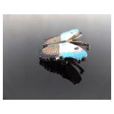 .925 Sterling Silver Artist Signed Inlayed and Carved Turquoise, Coral, Onyx and Mother of Pearl Navajo Butterfly Brooch .925 Sterling Silver Artist Signed Inlayed and Carved Turquoise, Coral, Onyx and Mother of Pearl Navajo Butterfly Brooch