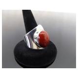 .925 Sterling Silver Coral Cabochon Adjustable Ring Currently Size 10 .925 Sterling Silver Coral Cabochon Adjustable Ring Currently Size 10