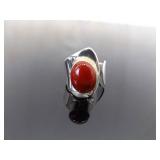 .925 Sterling Silver Coral Cabochon Adjustable Ring Currently Size 10 .925 Sterling Silver Coral Cabochon Adjustable Ring Currently Size 10