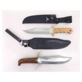 2 LARGE Wood Handled Fixed Blade Bowie Knives in Sheaths 2 LARGE Wood Handled Fixed Blade Bowie Knives in Sheaths