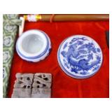 Lot of Antique Stone Teapots, Bamboo Umbrella, and Other Asian Decor Lot of Antique Stone Teapots, Bamboo Umbrella, and Other Asian Decor