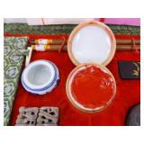 Lot of Antique Stone Teapots, Bamboo Umbrella, and Other Asian Decor Lot of Antique Stone Teapots, Bamboo Umbrella, and Other Asian Decor