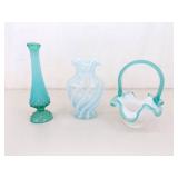3 Vintage Fenton Vases and Basket 3 Vintage Fenton Vases and Basket